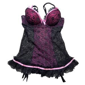 Victoria’s Secret Sexy Little Things Lace Babydoll Slip Pink Blk - Y2K NWT- 34B